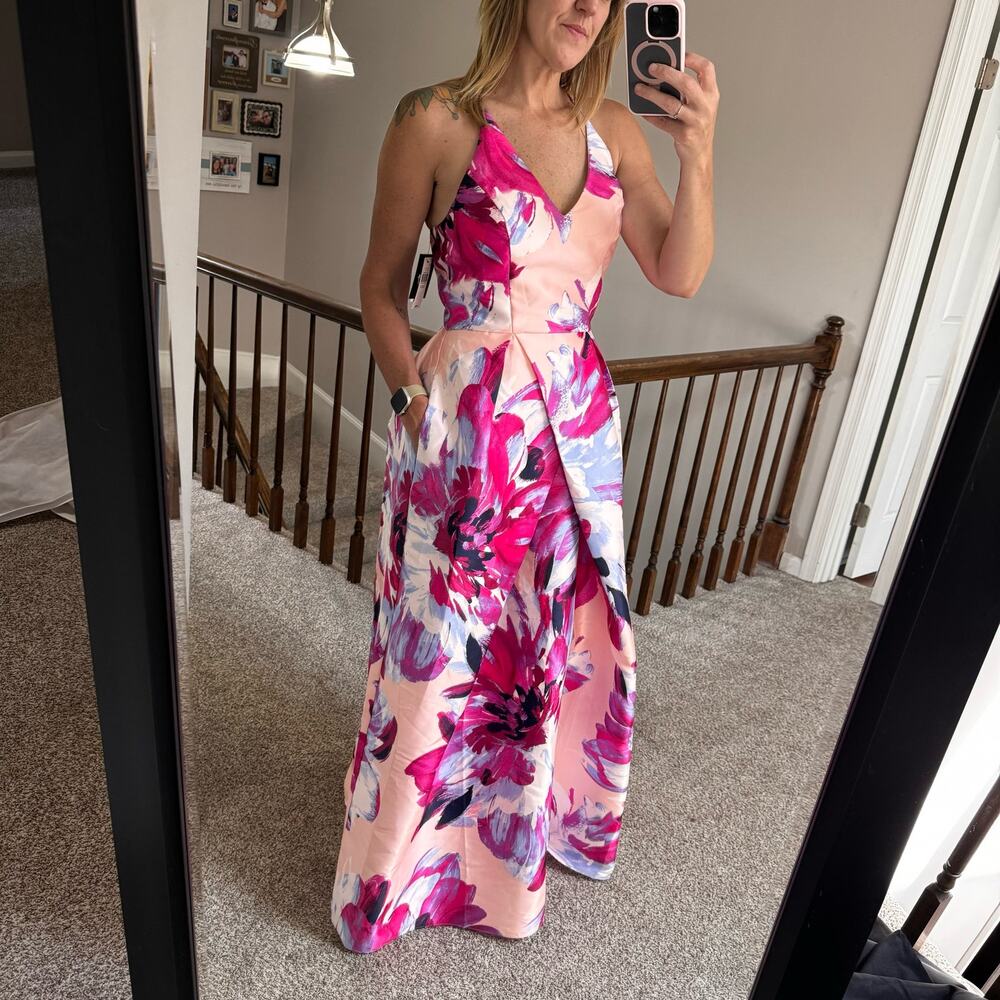 By & By NWT cross back pink floral prom banquet gala dress with POCKETS